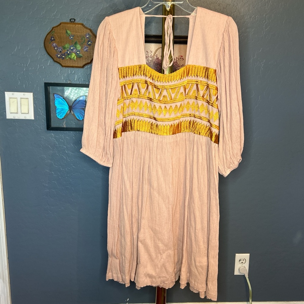 The Pyramid Collection Baby Pink Babydoll Puff Sleeve Mini Dress with Embroidery